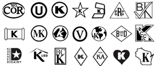 Några symboler som visar att maten som säljs är Kosher
